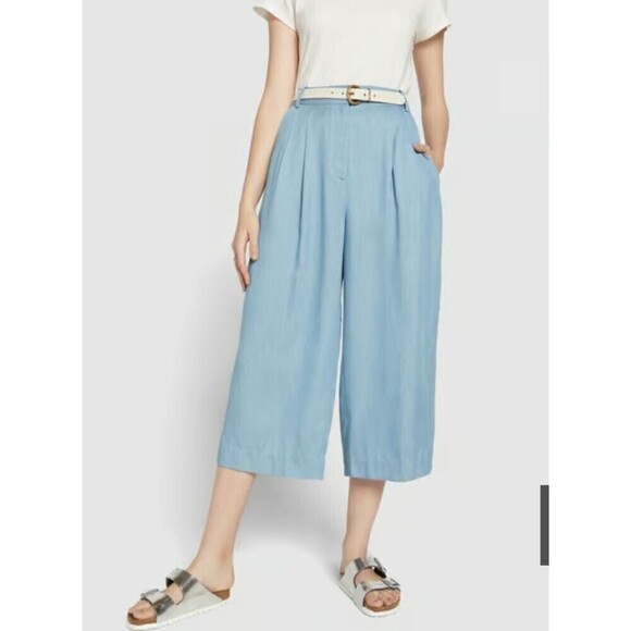 New TIBI High Waisted Wide Leg Chambray Pleated Cropped Pants Size10 - Picture 2 of 13